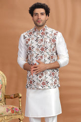 Pearl White Silk Kurta Pajama with Embroidered Jacket